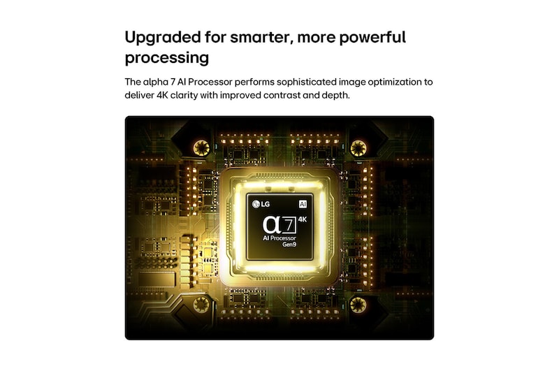 LG QNED AI QNED75 Mini LED’s alpha 7 AI Processor 4K Gen9 glows at the center of a yellow circuit board, highlighting smarter, more powerful AI processing that enhances 4K image clarity with improved contrast and depth.